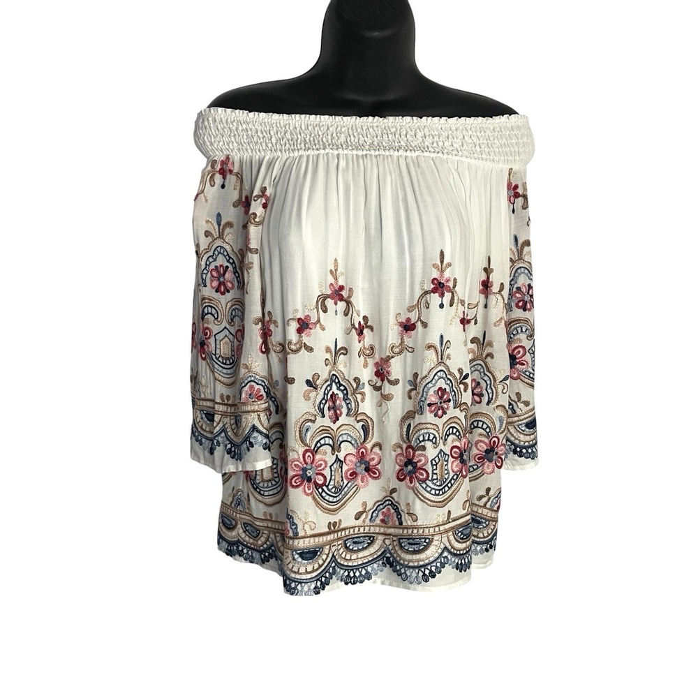 Womens Boho Embroidered Off Shoulder Top Blouse Sz M Cream Floral Lined Festival
